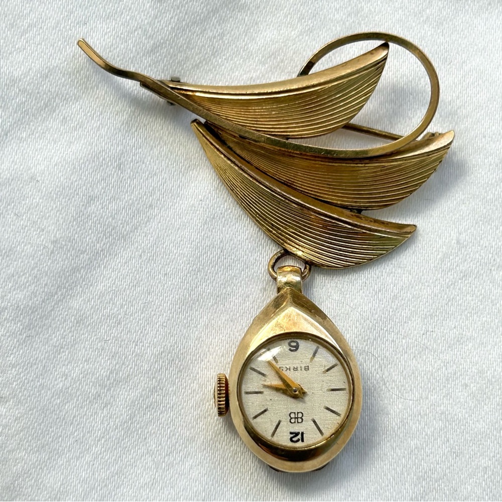VINTAGE BIRKS SWISS MADE 17 JEWEL GOLD FILLED WATCH BROOCH WORKING & KEEPS TIME